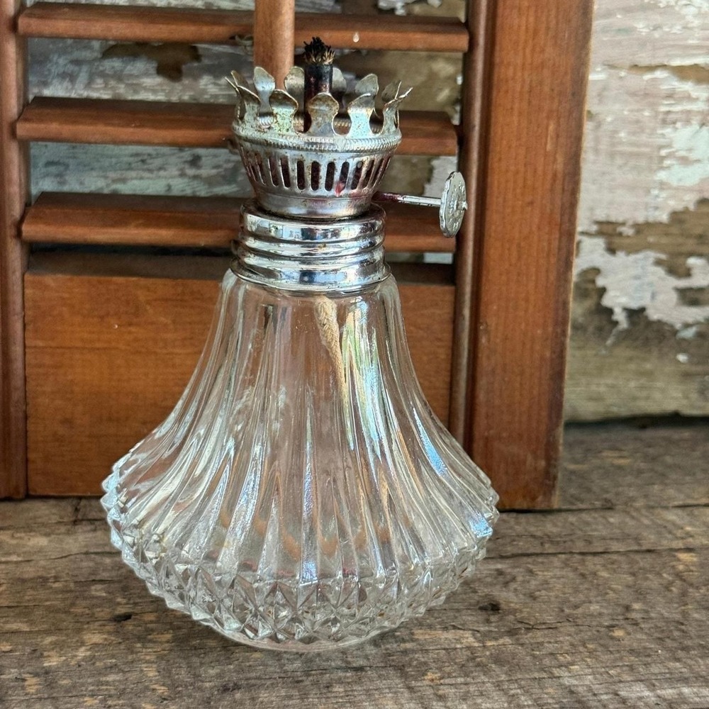 Lamplight Farms Vintage Clear Pressed Glass Oil Lamp Base Ribbed Diamond Pattern